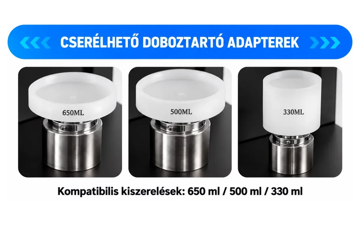 Cserélhető doboztartó adapterek 650, 500 és 330 ml-es dobozokhoz